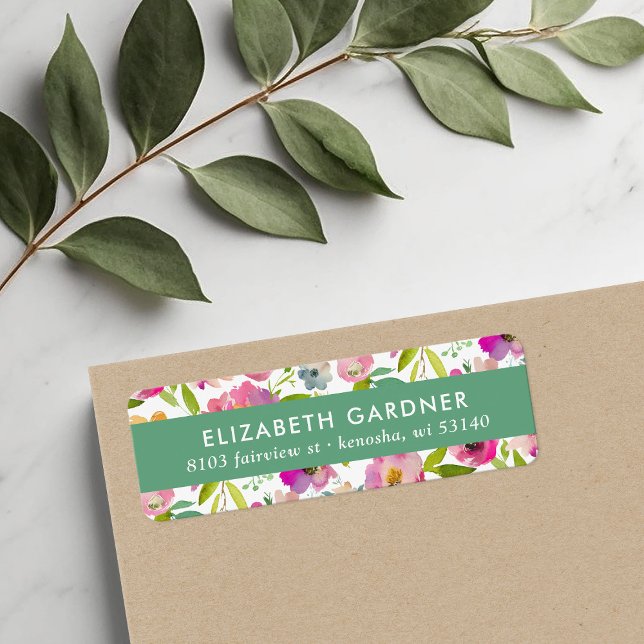 Étiquette d'adresse de retour florale rose et vert (Créateur téléchargé)
