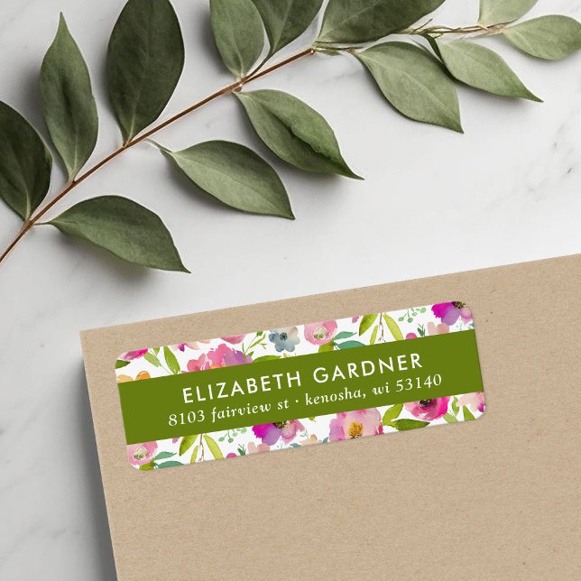Étiquette d'adresse de retour florale rose et vert (Créateur téléchargé)