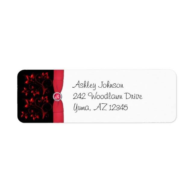 Étiquette d'adresse de retour florale rouge, noir  (Devant)