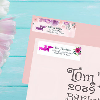 Étiquette d'adresse de retour florale teckel viole