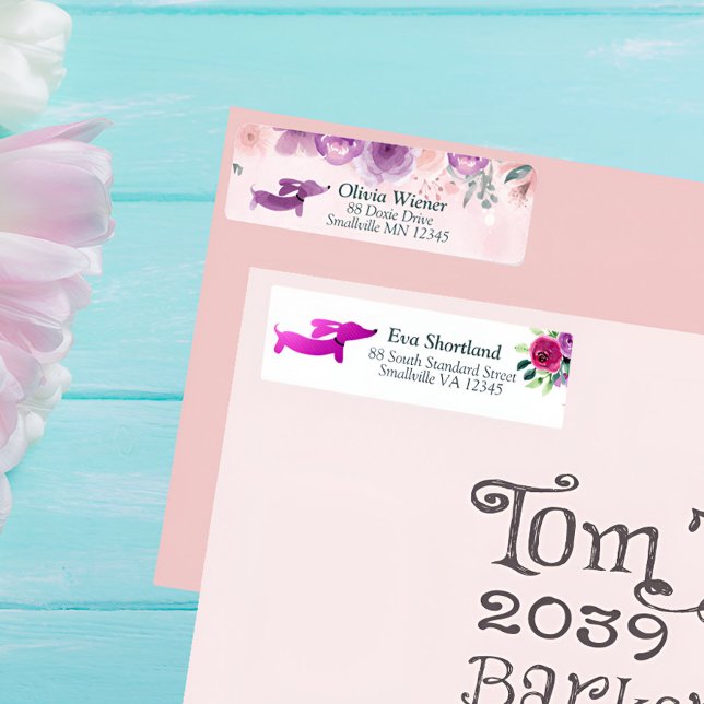 Étiquette d'adresse de retour florale teckel viole (Cottagecore dachshund floral address labels - wedding or everyday use)