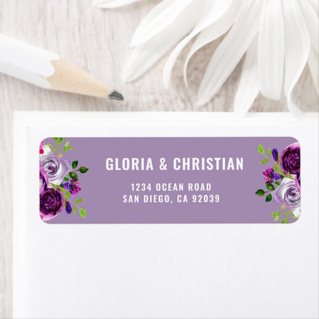 Étiquette d'adresse de retour florale violette rom (En situation)