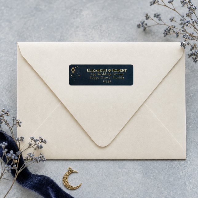 Étiquette d'adresse de retour Gothique Céleste Ble (Celestial Gothic Midnight Blue Gold Return Address Label)