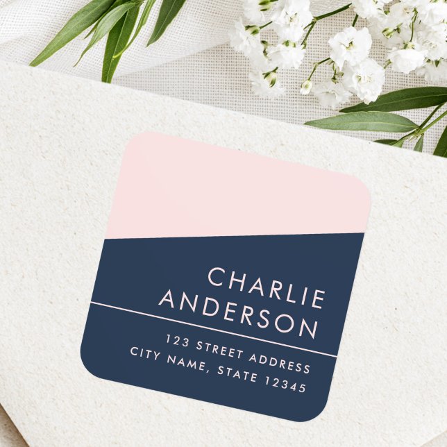 Étiquette d'adresse de retour minimale moderne ble (Modern minimal dark blue pink return address label)