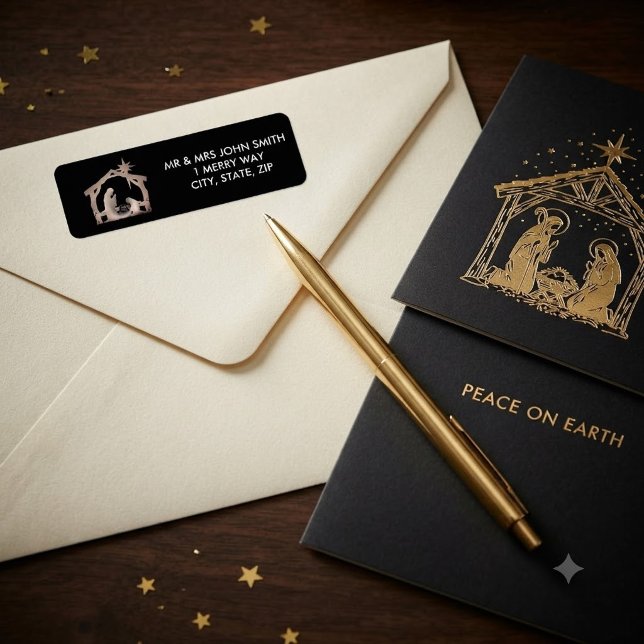 Étiquette d'adresse de retour Noël Nativité Noir e (Créateur téléchargé)