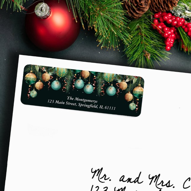 Étiquette d'adresse de retour Ornements de Noël ar (Gold and Green Christmas Tree Ornaments Return Address Labels)