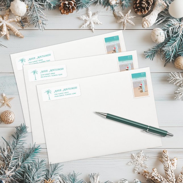 Étiquette d'adresse de retour Palmier sarcelle tro (Tropical Seas & Greetings Teal Palm Tree Return Address Label)