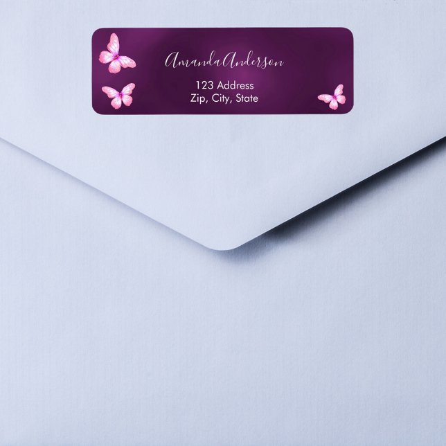 Étiquette d'adresse de retour papillon rose pourpr (Créateur téléchargé)