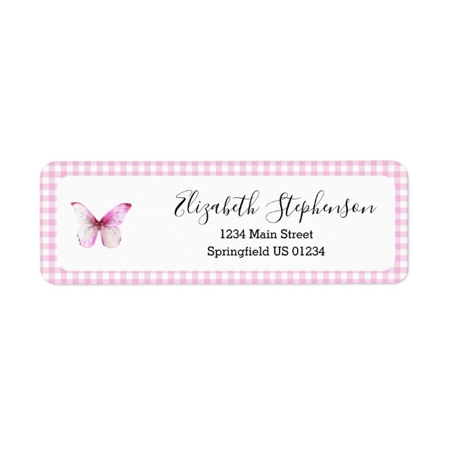 Étiquette d'adresse de retour Papillon Vichy Rose (Devant)