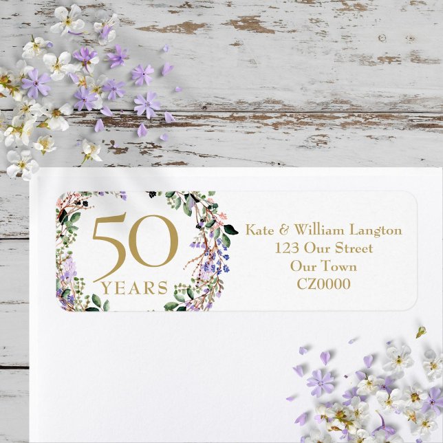 Étiquette d'adresse de retour pour les 50 ans de m (Floral 50th Wedding Anniversary Return Address Label)