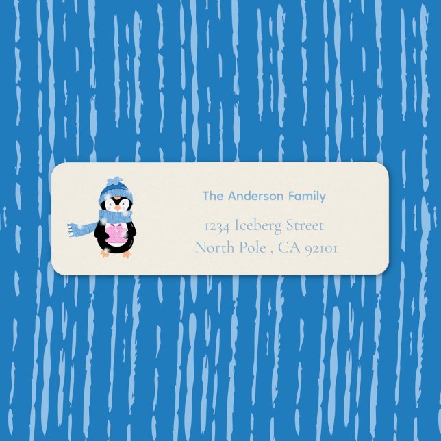 Étiquette d'adresse de retour pour les fêtes avec  (Cute cartoon penguin with gift Holiday return address label)