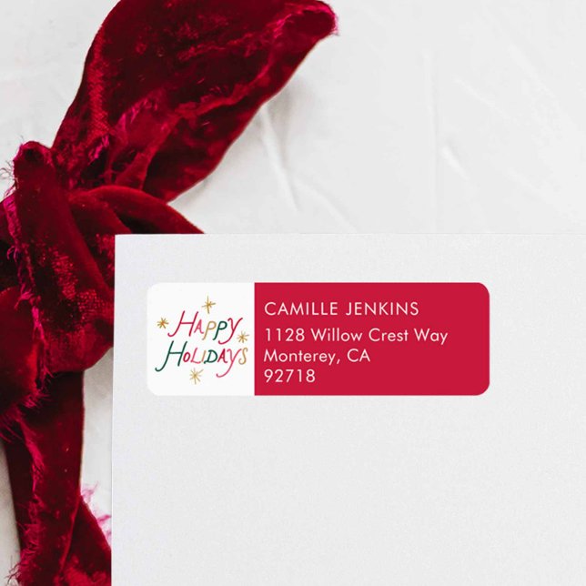 Étiquette d'adresse de retour pour les fêtes de fi (Bold Colorful Happy Holidays Modern Return Address Label | Custom Holiday Address)