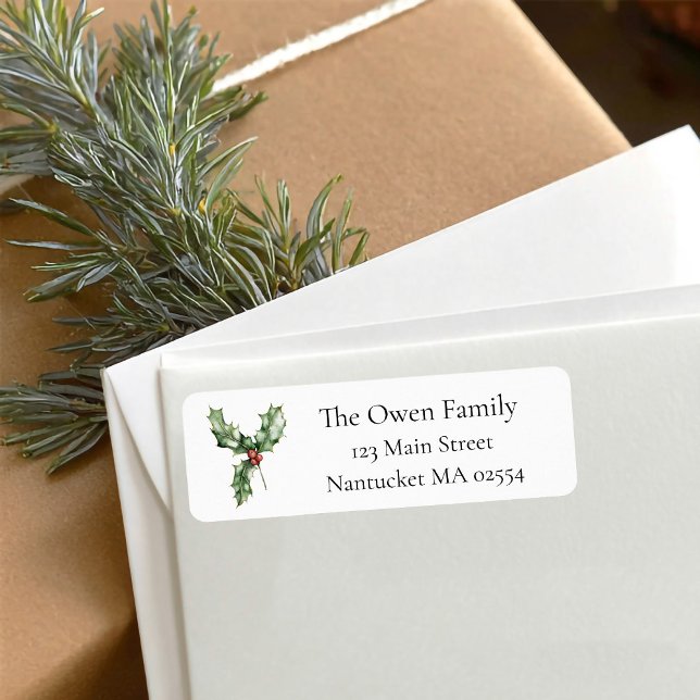 Étiquette d'adresse de retour pour Noël au houx (Holly Christmas return address label)