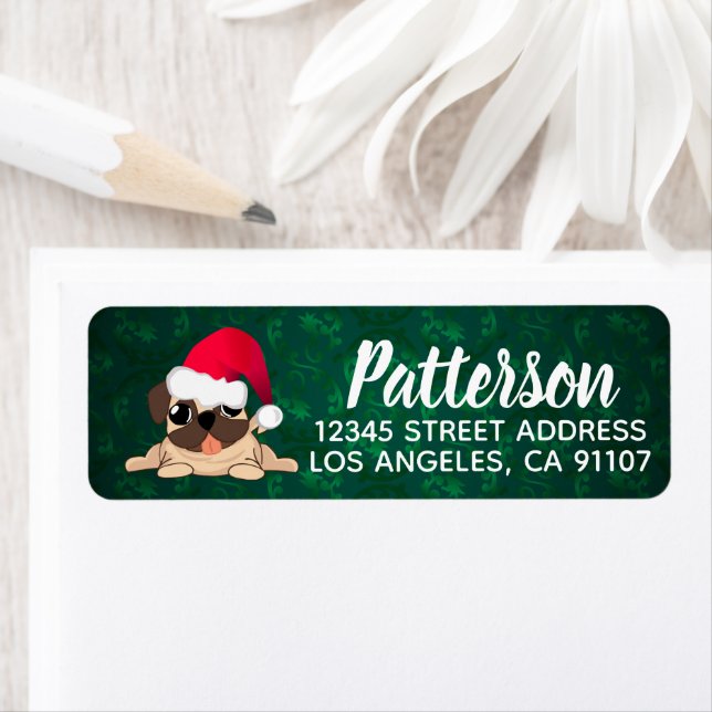 Étiquette d'adresse de retour pour Pug de Noël (En situation)