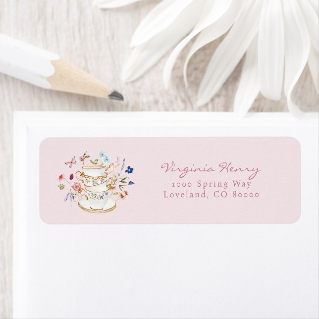 Étiquette d'adresse de retour pour thé de mariage (Floral Pink Bridal Tea Return Address label by Painted Paperie)