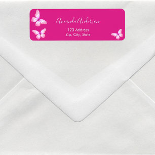 Étiquette d'adresse de retour rose chaud papillon