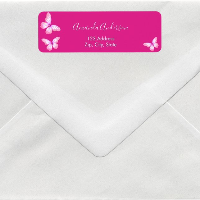 Étiquette d'adresse de retour rose chaud papillon  (Créateur téléchargé)