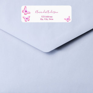 Étiquette d'adresse de retour rose papillon blanc