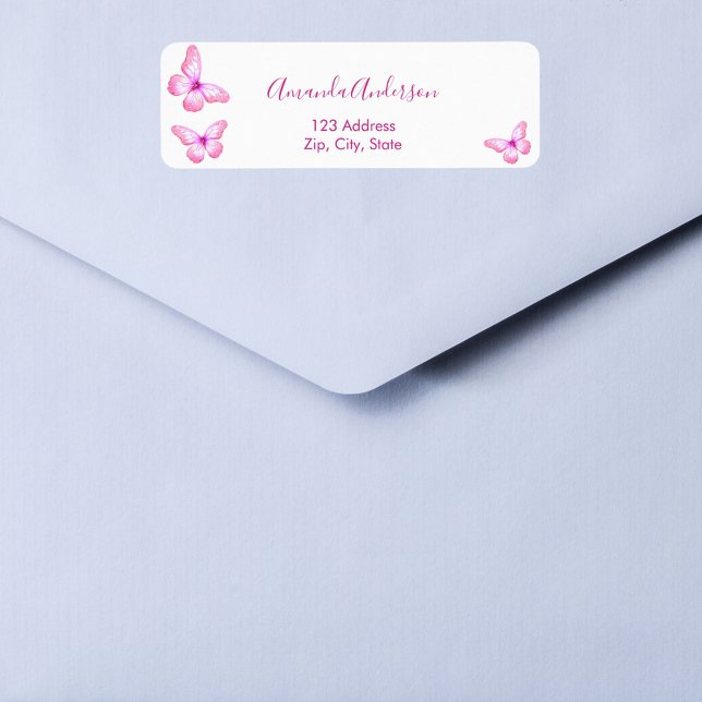 Étiquette d'adresse de retour rose papillon blanc (Créateur téléchargé)