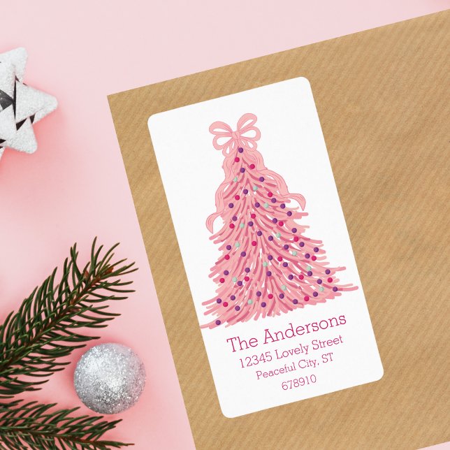 Étiquette d'adresse de retour Sapin de Noël rose e (Créateur téléchargé)