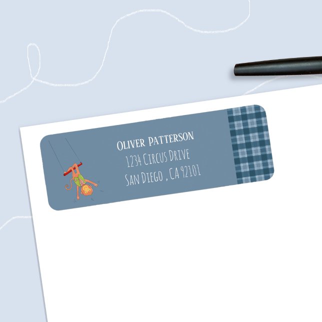 Étiquette d'adresse de retour Singe Cirque Bleu (Circus monkey blue return address label . )