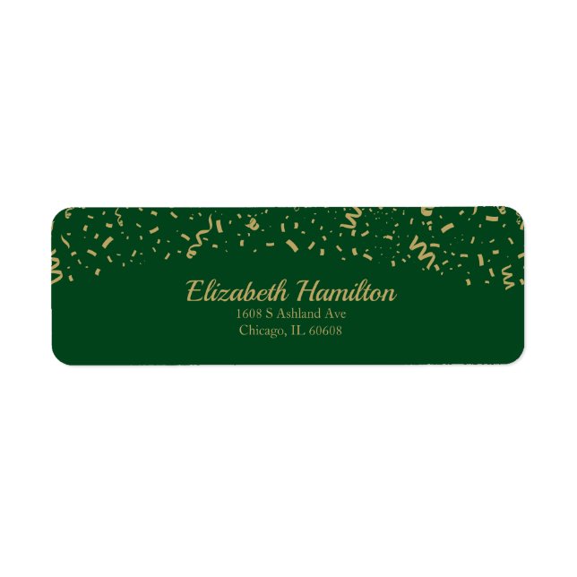 Étiquette d'adresse de retour verte confetti or fe (Devant)