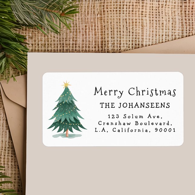 Étiquette d'adresse de sapin de Noël vert aquarell (Créateur téléchargé)