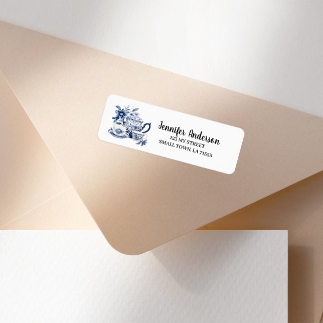 Étiquette d'adresse de service à thé floral bleu v (Créateur téléchargé)