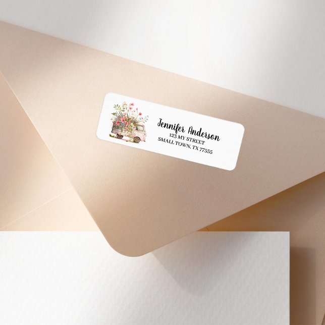 Étiquette d'adresse de van vintage à fleurs roses (Créateur téléchargé)