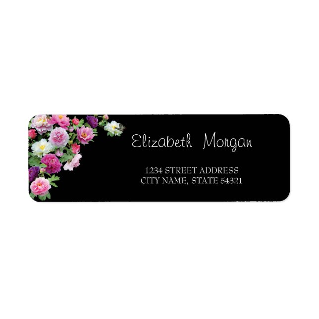 Étiquette d'adresse Élégante Chic, Noire, Fleurs (Devant)