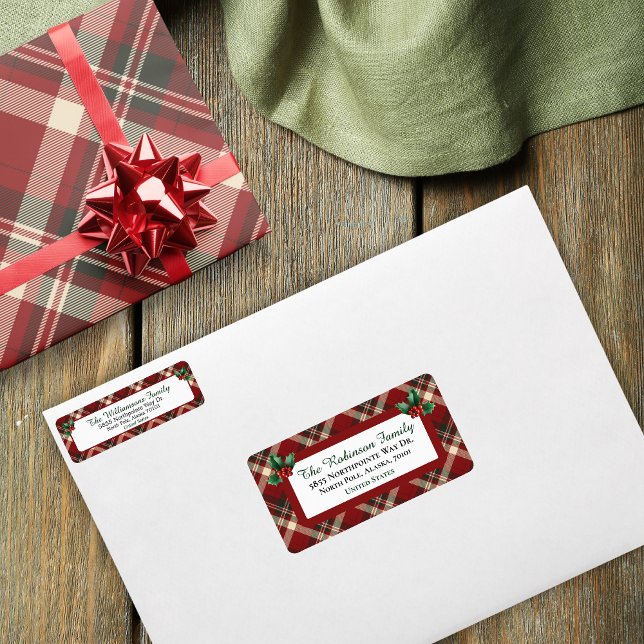 Étiquette d'adresse en tartan rouge et vert de Noë (Créateur téléchargé)