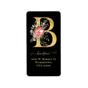 Étiquette d'adresse florale B Monogramme Or Élégan