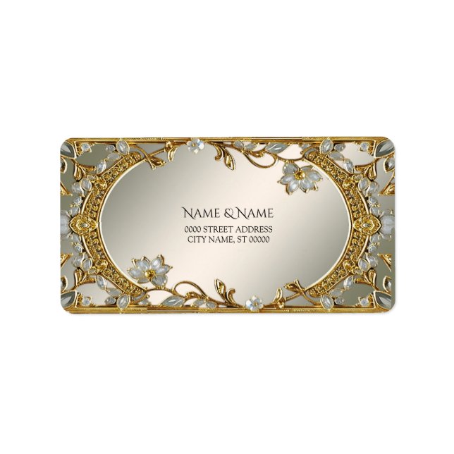 Étiquette d'adresse florale blanche ornée d'or (Devant)
