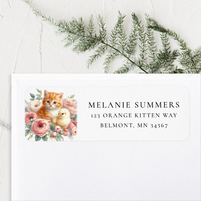 Étiquette d'adresse florale de chaton et poussin d (Créateur téléchargé)
