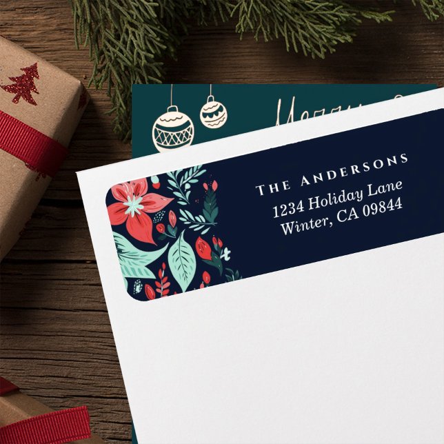 Étiquette d'adresse florale de fêtes de Noël bleu  (Créateur téléchargé)
