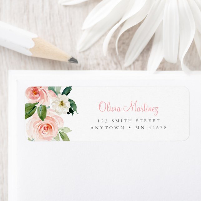 Étiquette d'adresse florale rose Fleurs roses blus (En situation)
