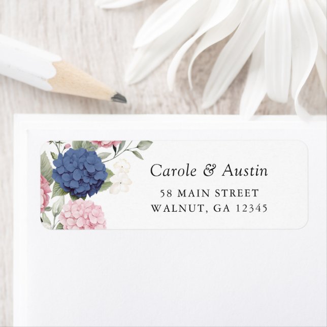 Étiquette d'adresse Hydrangea Rose Pâle & Bleu Mar (En situation)