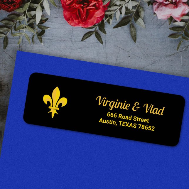 Étiquette d'adresse noire avec Fleur de Lys Or (Fleur de Lis on Black return address label)