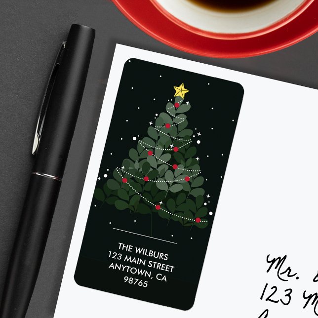 Étiquette d'adresse noire d'arbre de Noël (Christmas tree on large vertical return address labels)