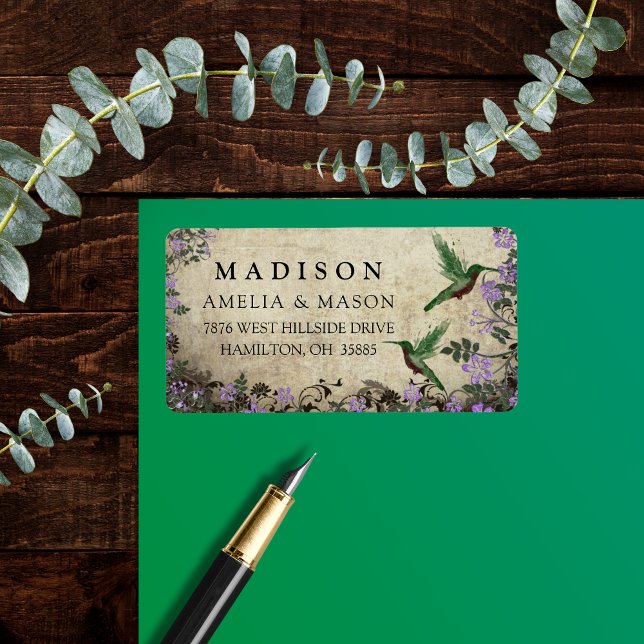 Étiquette d'adresse Oiseaux-Mouches Floral Rustiqu (Rustic Hummingbird Floral Address Label)
