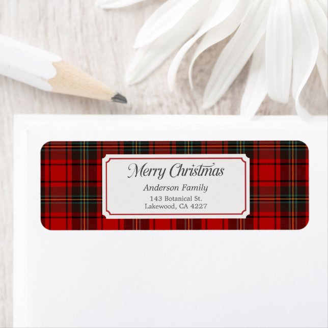 Étiquette d'adresse plaid rouge Joyeux Noël (En situation)