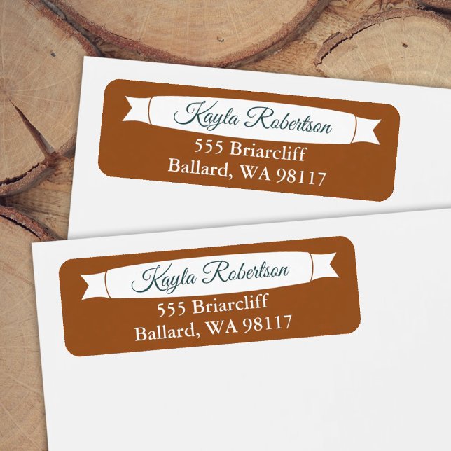 Étiquette d'adresse verte cuivre et sarcelle avec  (copper orange return address labels with teal green text)