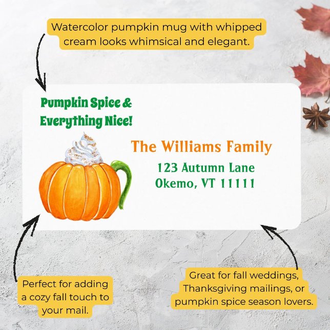 Étiquette d'adresse Watercolor Pumpkin Spice Latte (Créateur téléchargé)