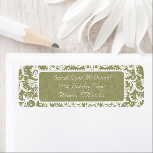 Étiquette Damas blanc sur gris vert olive Adresse de retour