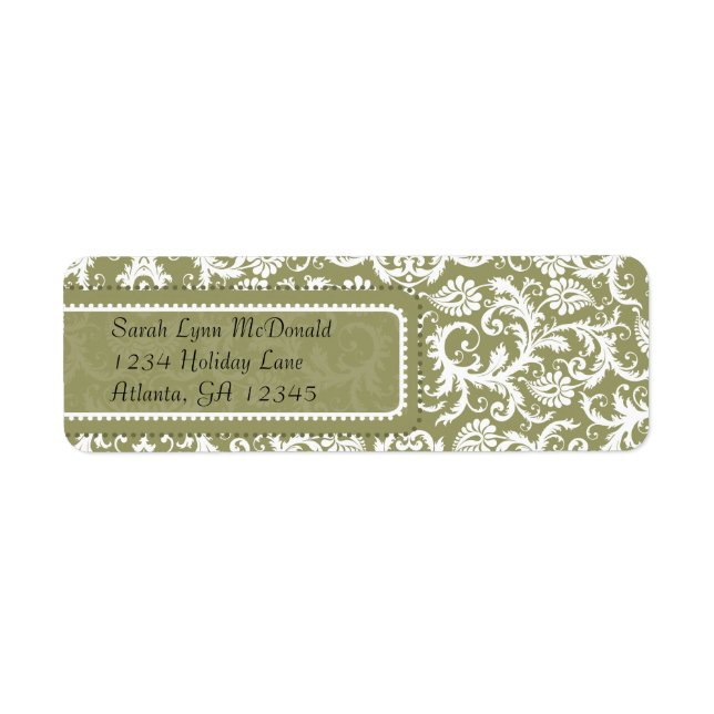 Étiquette Damas blanc sur gris vert olive Adresse de retour (Devant)