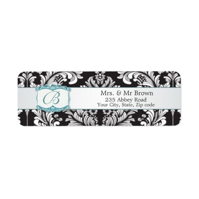 Étiquette Damas noir blanc Monogramme B Mariage Avery (Devant)