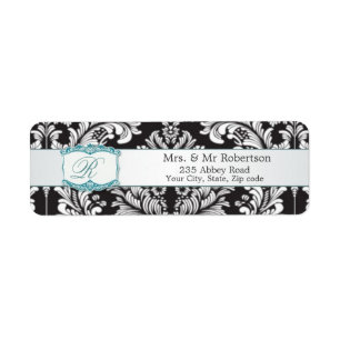 Étiquette Damas noir blanc Monogramme R Mariage
