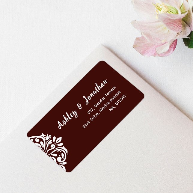 Étiquette Damask Classic élégant Mariage rouge acajou (Créateur téléchargé)
