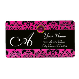 ÉTIQUETTE DAMASSÉ FUCHSIA ROSE NOIRE, MONOGRAMME D'AMÉTHYSTE