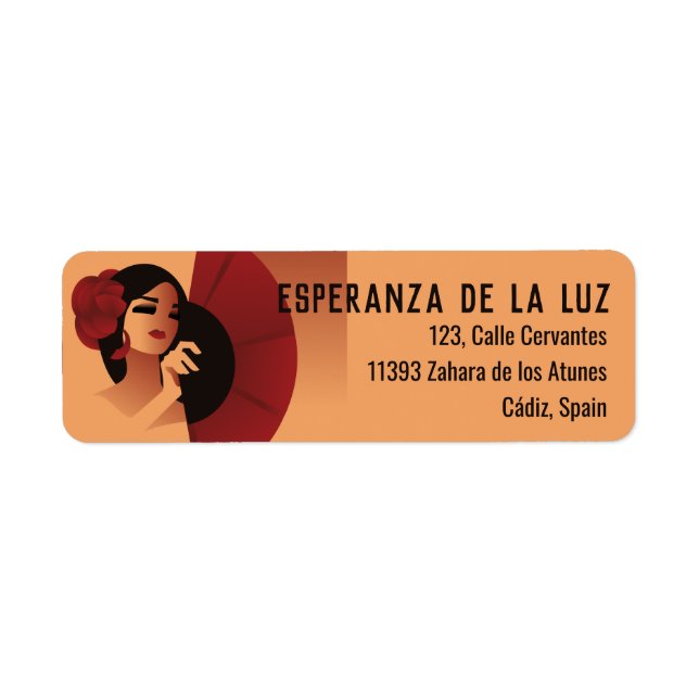 Étiquette Dame espagnole avec ventilateur et rose rouge chev (Devant)